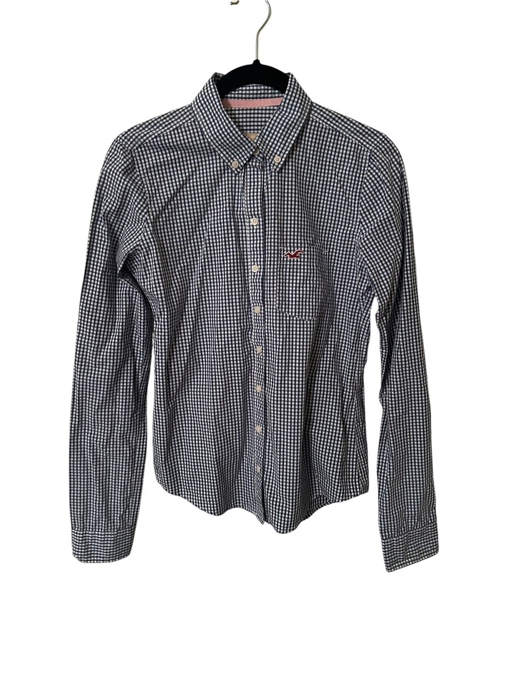 Hollister Navy White Gingham Long Sleeve Cotton Button Up Shirt Womens Small